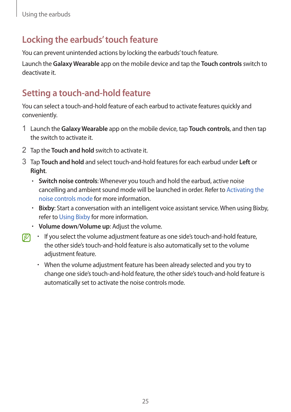 Locking the earbuds’ touch feature, Setting a touch-and-hold feature | Samsung Galaxy Buds2 Pro Noise-Canceling True Wireless In-Ear Headphones (Graphite) User Manual | Page 25 / 55