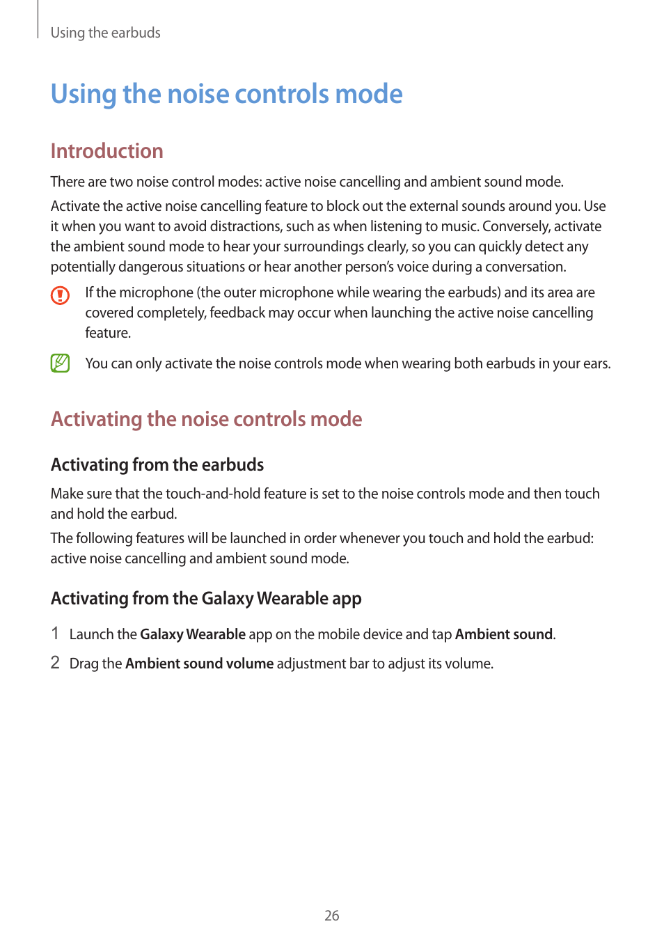 Using the noise controls mode, 26 using the noise controls mode, Activating the | Noise controls mode, Introduction, Activating the noise controls mode | Samsung Galaxy Buds2 Pro Noise-Canceling True Wireless In-Ear Headphones (Graphite) User Manual | Page 26 / 55