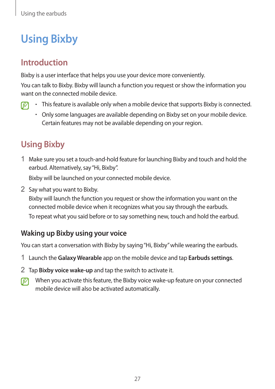 Using bixby, 27 using bixby, Introduction | Samsung Galaxy Buds2 Pro Noise-Canceling True Wireless In-Ear Headphones (Graphite) User Manual | Page 27 / 55