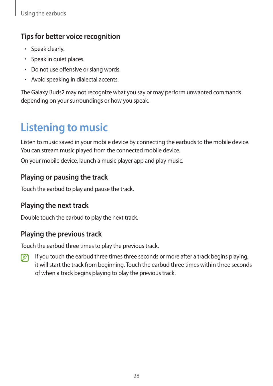 Listening to music, 28 listening to music | Samsung Galaxy Buds2 Pro Noise-Canceling True Wireless In-Ear Headphones (Graphite) User Manual | Page 28 / 55