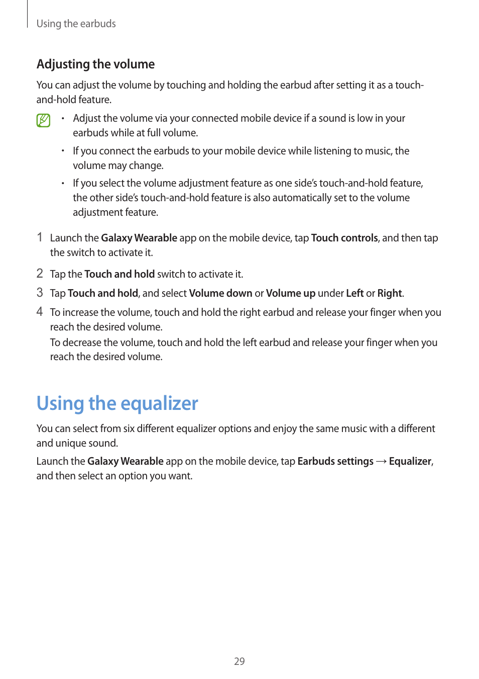 Using the equalizer, 29 using the equalizer, Adjusting the volume | Samsung Galaxy Buds2 Pro Noise-Canceling True Wireless In-Ear Headphones (Graphite) User Manual | Page 29 / 55