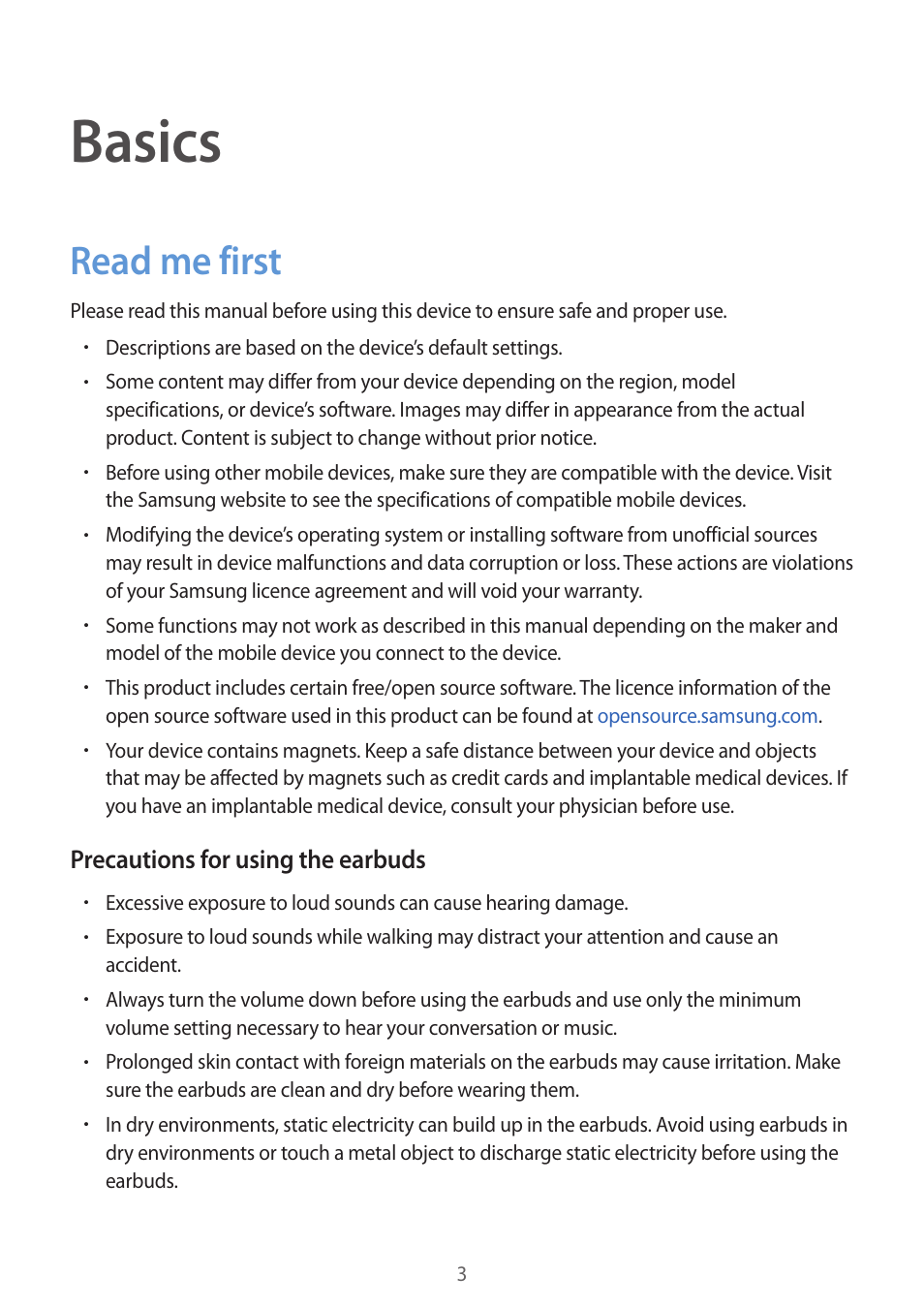 Basics, Read me first | Samsung Galaxy Buds2 Pro Noise-Canceling True Wireless In-Ear Headphones (Graphite) User Manual | Page 3 / 55