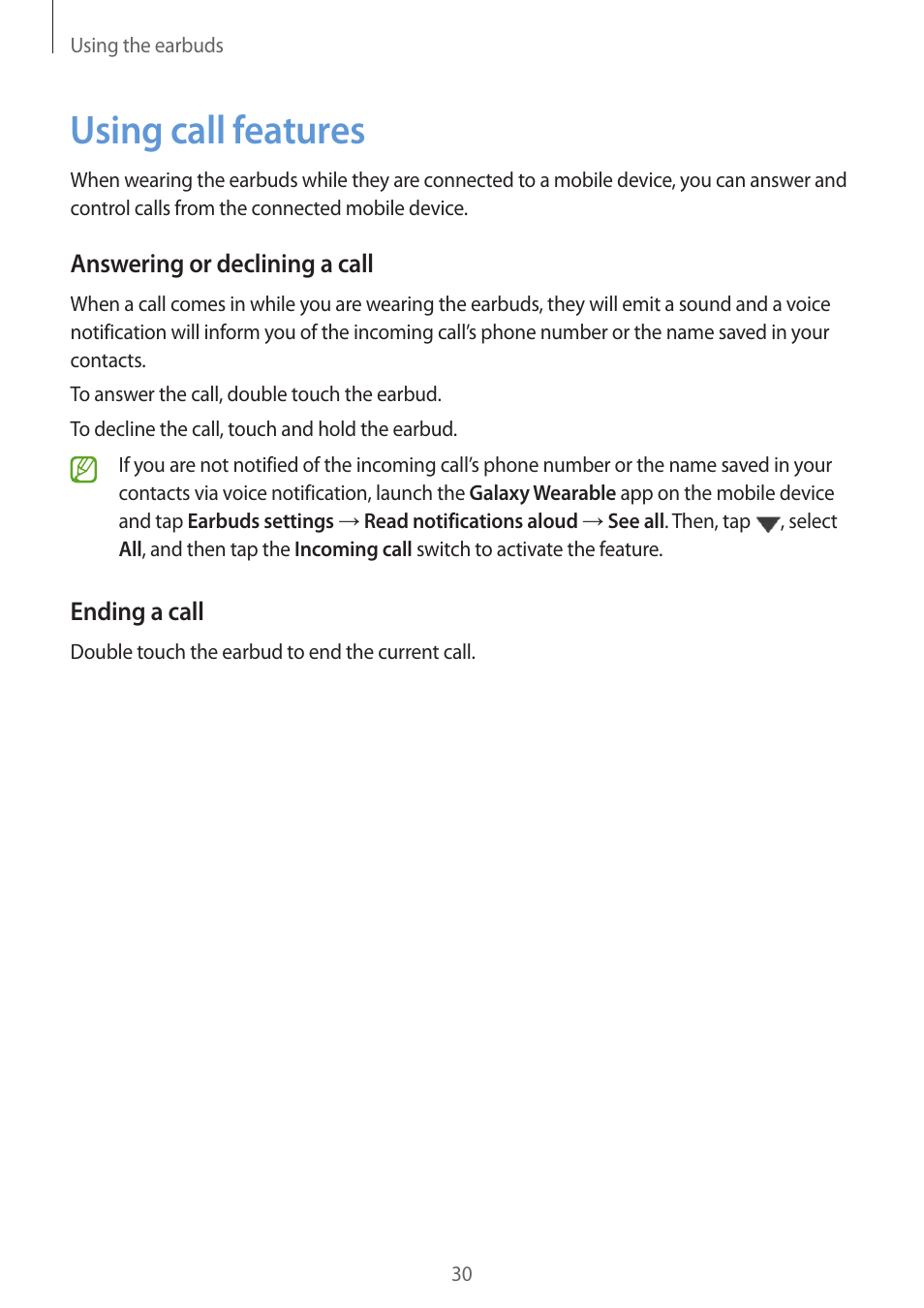 Using call features, 30 using call features, Answering or declining a call | Ending a call | Samsung Galaxy Buds2 Pro Noise-Canceling True Wireless In-Ear Headphones (Graphite) User Manual | Page 30 / 55