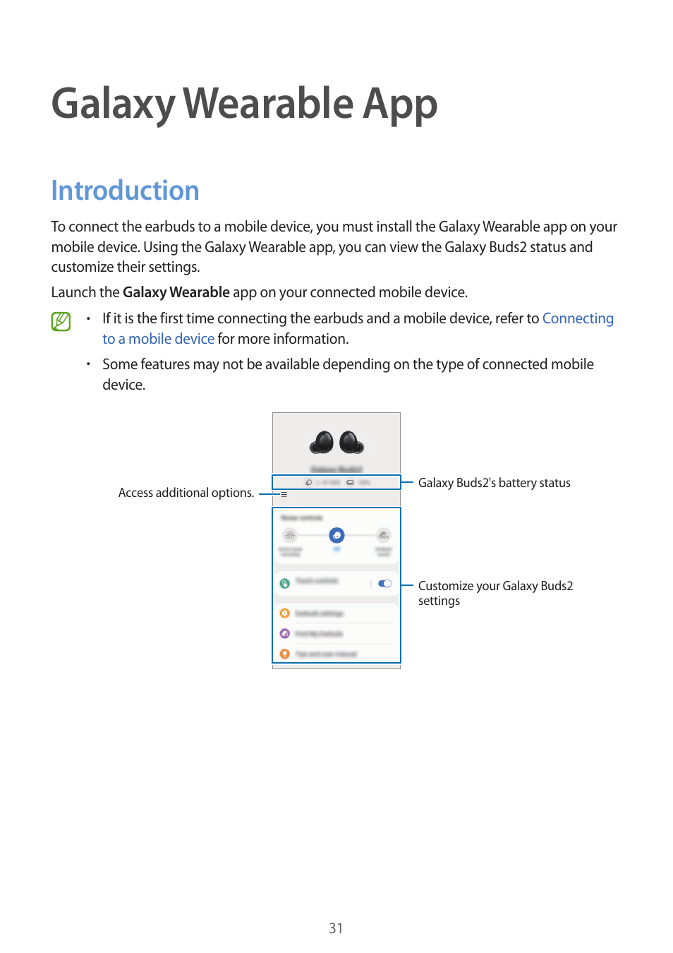 Galaxy wearable app, Introduction, 31 introduction | Samsung Galaxy Buds2 Pro Noise-Canceling True Wireless In-Ear Headphones (Graphite) User Manual | Page 31 / 55