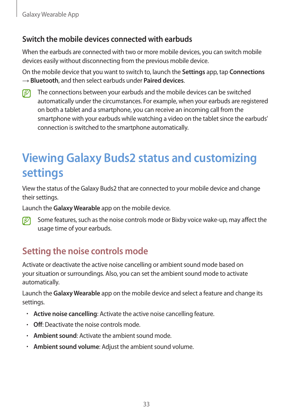 33 viewing galaxy buds2 status and, Customizing settings, Setting the noise controls mode | Switch the mobile devices connected with earbuds | Samsung Galaxy Buds2 Pro Noise-Canceling True Wireless In-Ear Headphones (Graphite) User Manual | Page 33 / 55