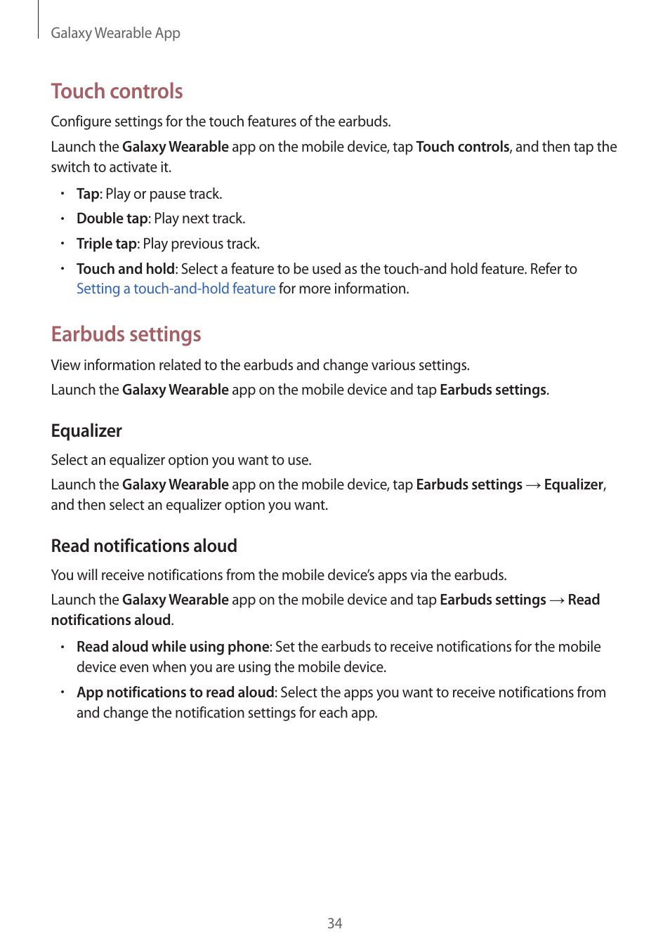 Touch controls, Earbuds settings, Equalizer | Read notifications aloud | Samsung Galaxy Buds2 Pro Noise-Canceling True Wireless In-Ear Headphones (Graphite) User Manual | Page 34 / 55