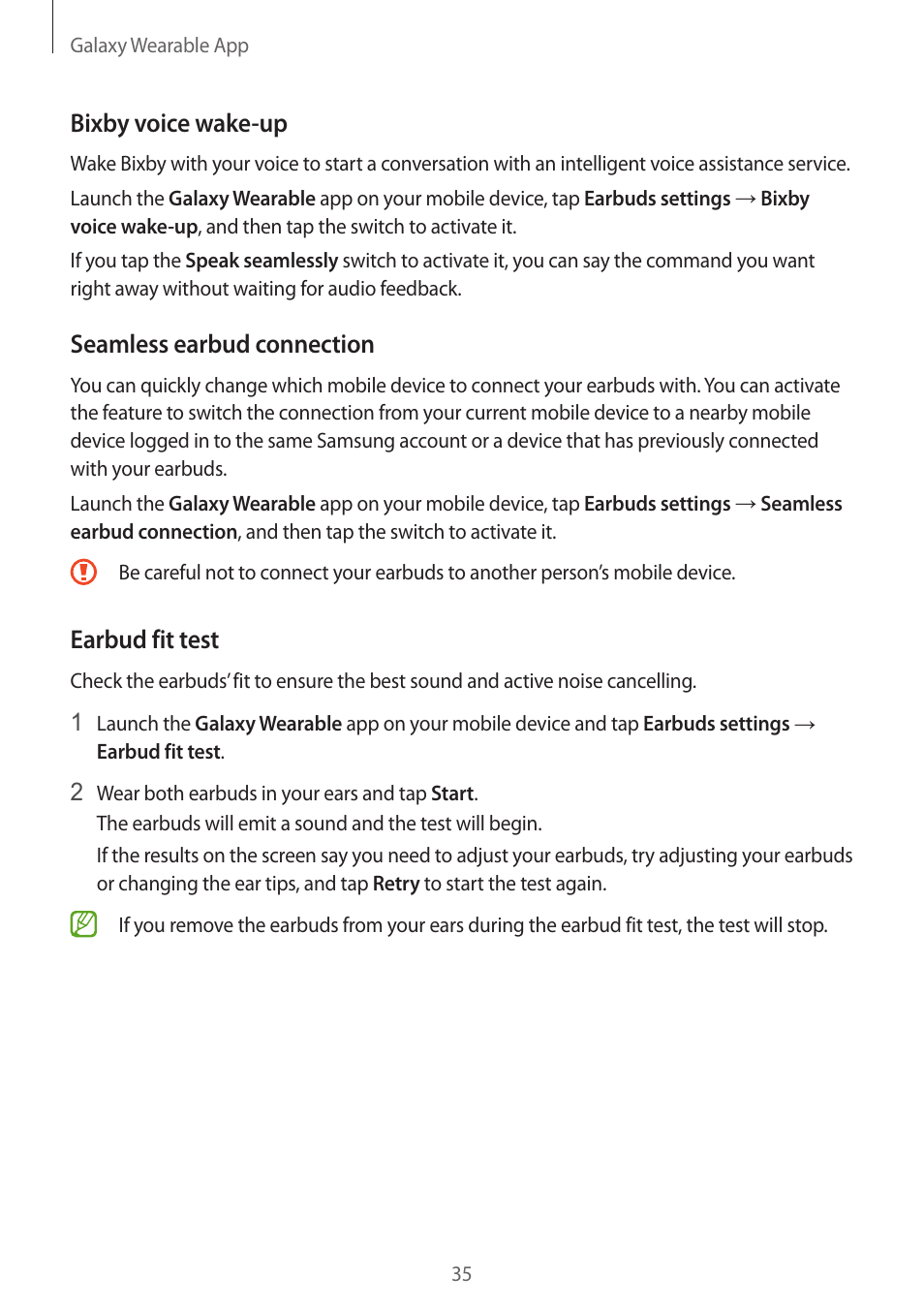 Bixby voice wake-up, Seamless earbud connection, Earbud fit test | Samsung Galaxy Buds2 Pro Noise-Canceling True Wireless In-Ear Headphones (Graphite) User Manual | Page 35 / 55