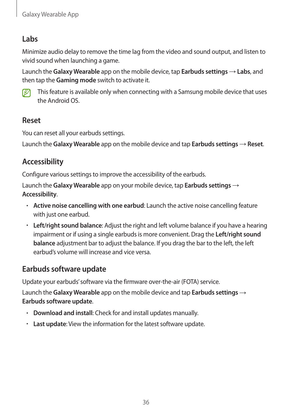 Labs, Reset, Accessibility | Earbuds software update | Samsung Galaxy Buds2 Pro Noise-Canceling True Wireless In-Ear Headphones (Graphite) User Manual | Page 36 / 55