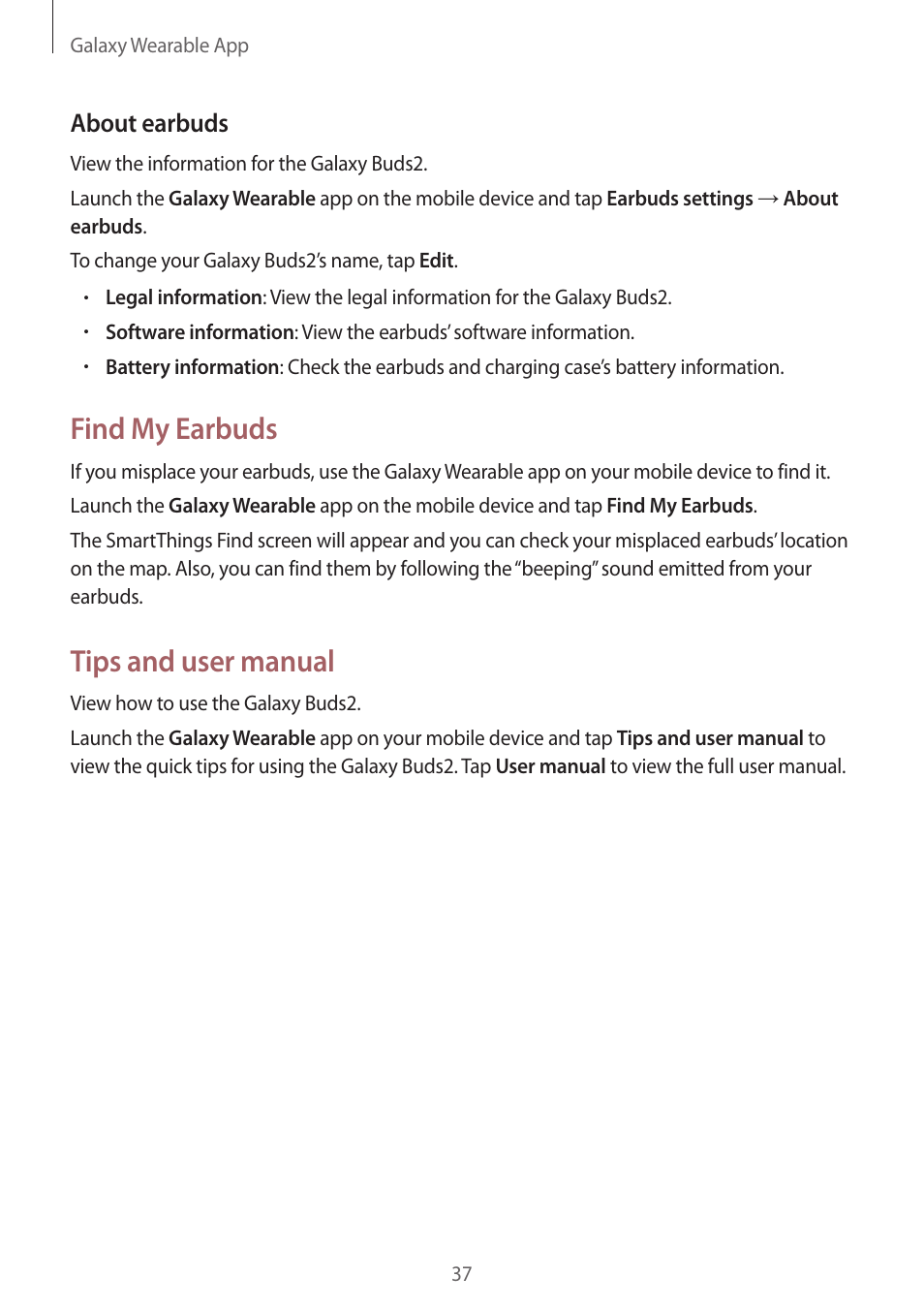 Find my earbuds, Tips and user manual, About earbuds | Samsung Galaxy Buds2 Pro Noise-Canceling True Wireless In-Ear Headphones (Graphite) User Manual | Page 37 / 55
