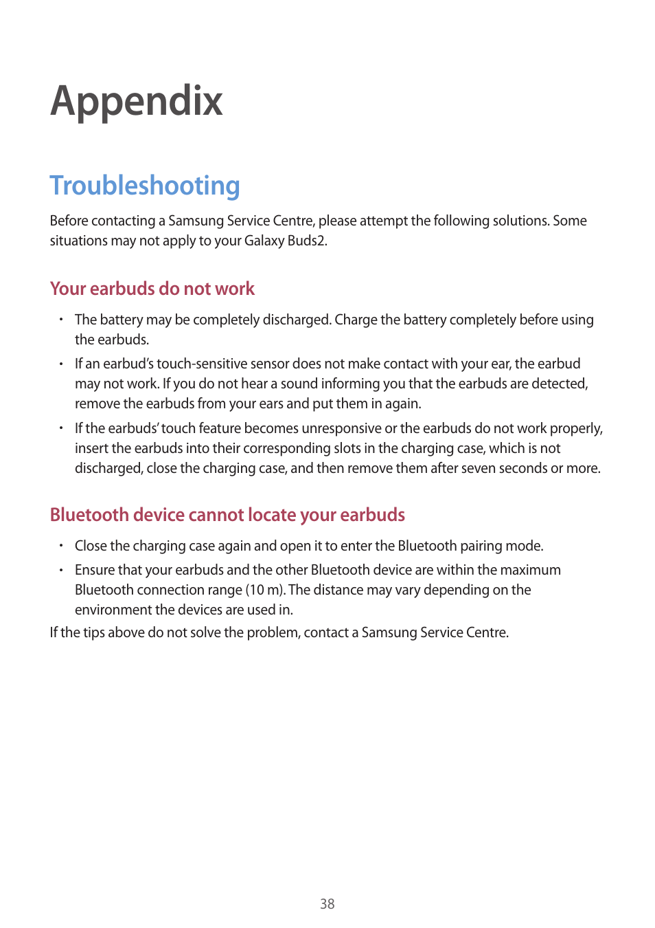 Appendix, Troubleshooting, 38 troubleshooting | Samsung Galaxy Buds2 Pro Noise-Canceling True Wireless In-Ear Headphones (Graphite) User Manual | Page 38 / 55