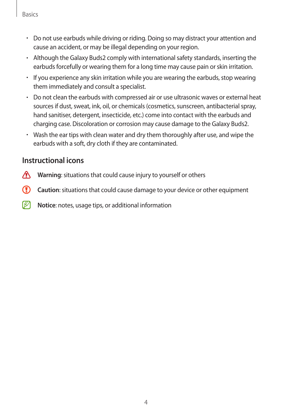 Instructional icons | Samsung Galaxy Buds2 Pro Noise-Canceling True Wireless In-Ear Headphones (Graphite) User Manual | Page 4 / 55