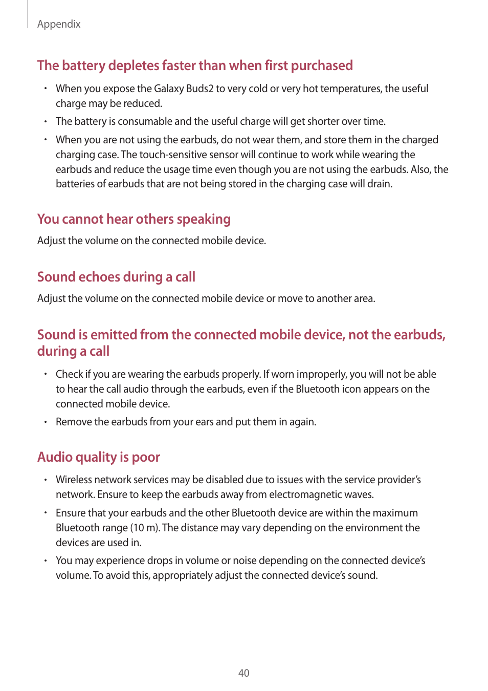 You cannot hear others speaking, Sound echoes during a call, Audio quality is poor | Samsung Galaxy Buds2 Pro Noise-Canceling True Wireless In-Ear Headphones (Graphite) User Manual | Page 40 / 55