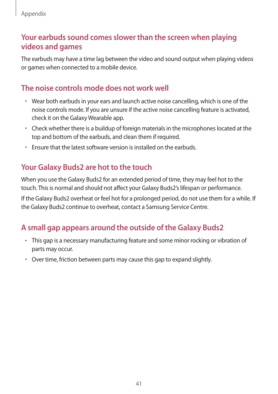 The noise controls mode does not work well, Your galaxy buds2 are hot to the touch | Samsung Galaxy Buds2 Pro Noise-Canceling True Wireless In-Ear Headphones (Graphite) User Manual | Page 41 / 55