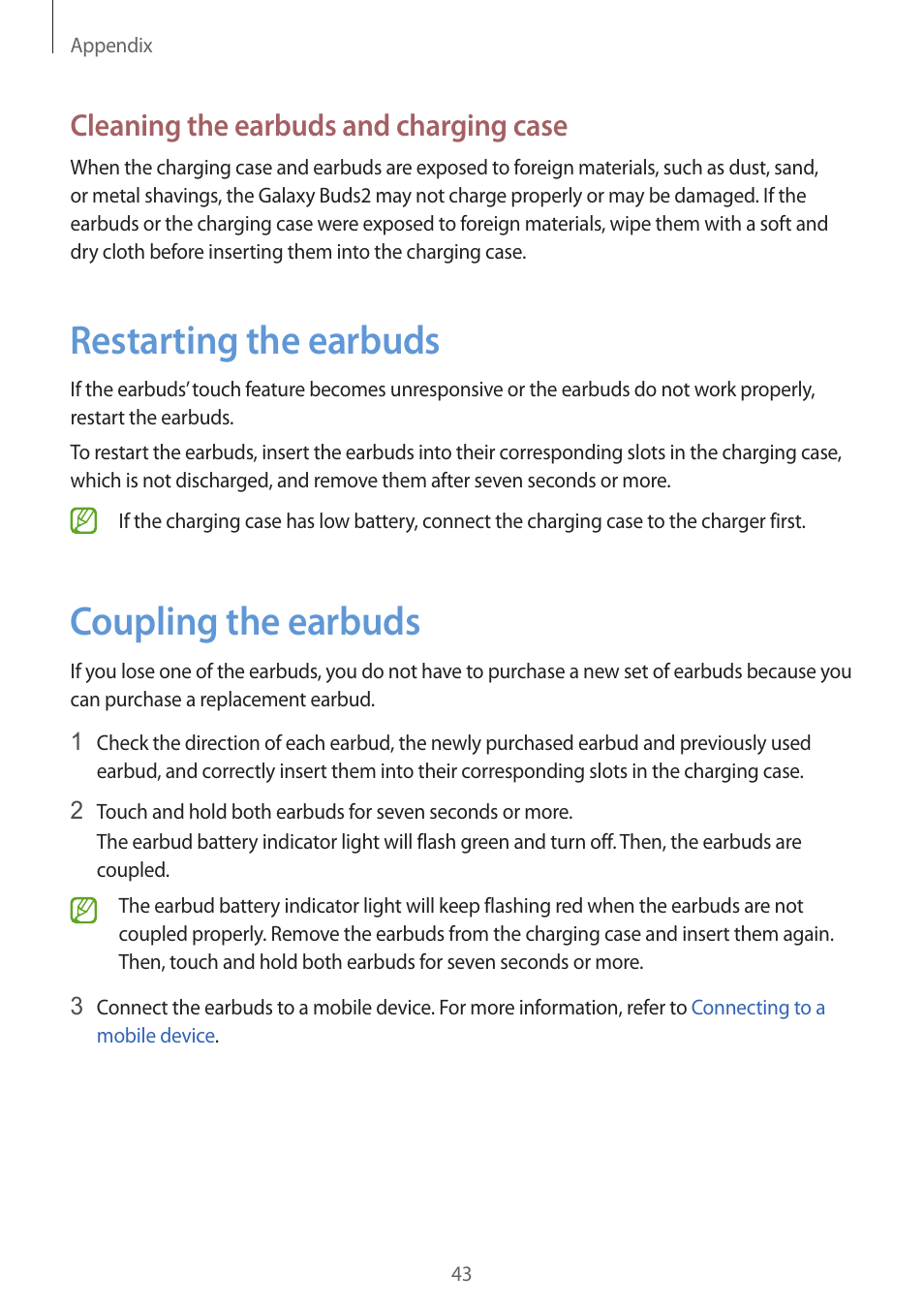 Restarting the earbuds, Coupling the earbuds, 43 restarting the earbuds 43 coupling the earbuds | Cleaning the earbuds and charging case | Samsung Galaxy Buds2 Pro Noise-Canceling True Wireless In-Ear Headphones (Graphite) User Manual | Page 43 / 55