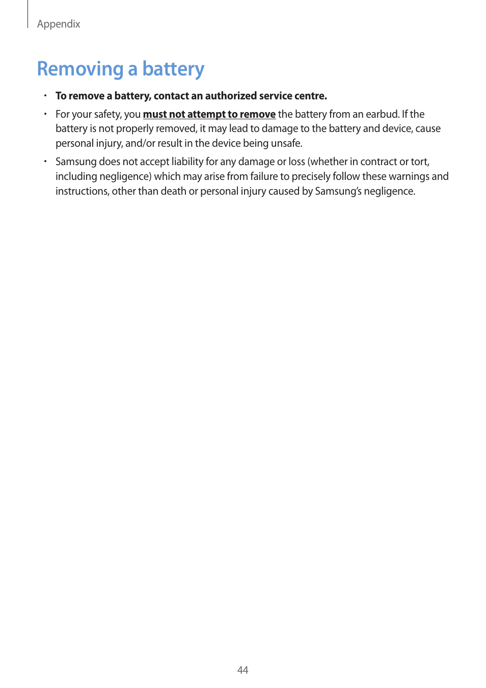 Removing a battery, 44 removing a battery | Samsung Galaxy Buds2 Pro Noise-Canceling True Wireless In-Ear Headphones (Graphite) User Manual | Page 44 / 55