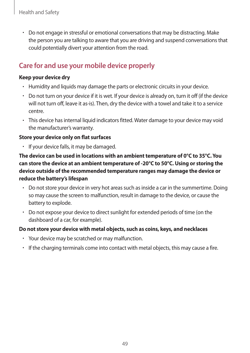 Care for and use your mobile device properly | Samsung Galaxy Buds2 Pro Noise-Canceling True Wireless In-Ear Headphones (Graphite) User Manual | Page 49 / 55