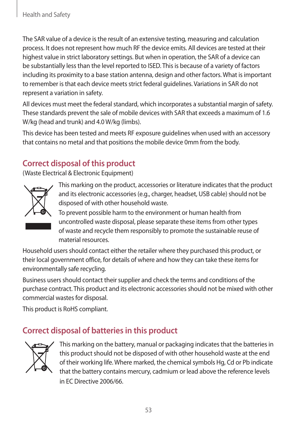 Correct disposal of this product, Correct disposal of batteries in this product | Samsung Galaxy Buds2 Pro Noise-Canceling True Wireless In-Ear Headphones (Graphite) User Manual | Page 53 / 55