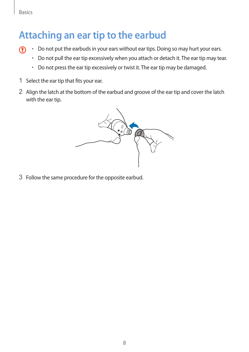 Attaching an ear tip to the earbud | Samsung Galaxy Buds2 Pro Noise-Canceling True Wireless In-Ear Headphones (Graphite) User Manual | Page 8 / 55