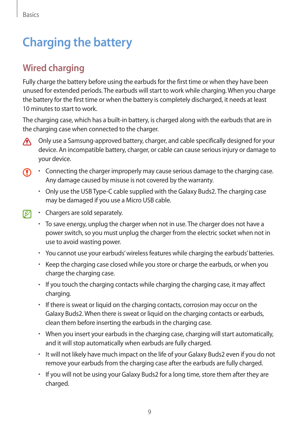 Charging the battery, Wired charging | Samsung Galaxy Buds2 Pro Noise-Canceling True Wireless In-Ear Headphones (Graphite) User Manual | Page 9 / 55