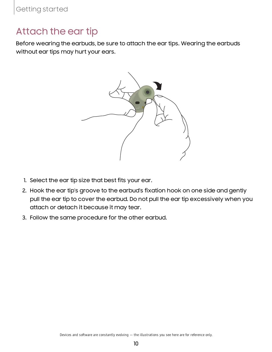 Attach the ear tip, Attach | Samsung Galaxy Buds2 Noise-Canceling True Wireless In-Ear Headphones (Lavender) User Manual | Page 10 / 27