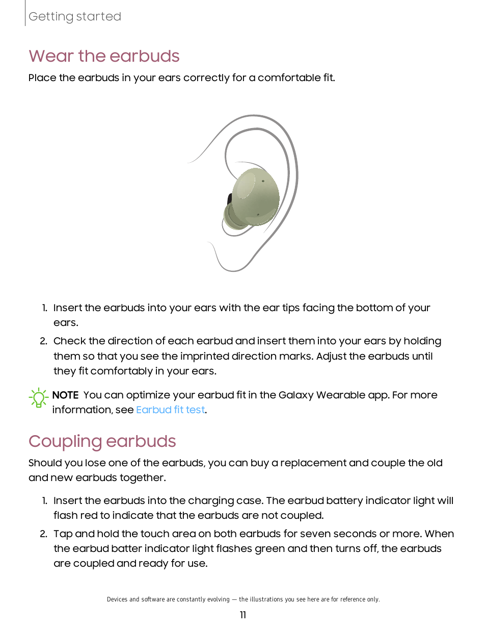 Wear the earbuds, Coupling earbuds, Wear | Earbuds, Coupling | Samsung Galaxy Buds2 Noise-Canceling True Wireless In-Ear Headphones (Lavender) User Manual | Page 11 / 27