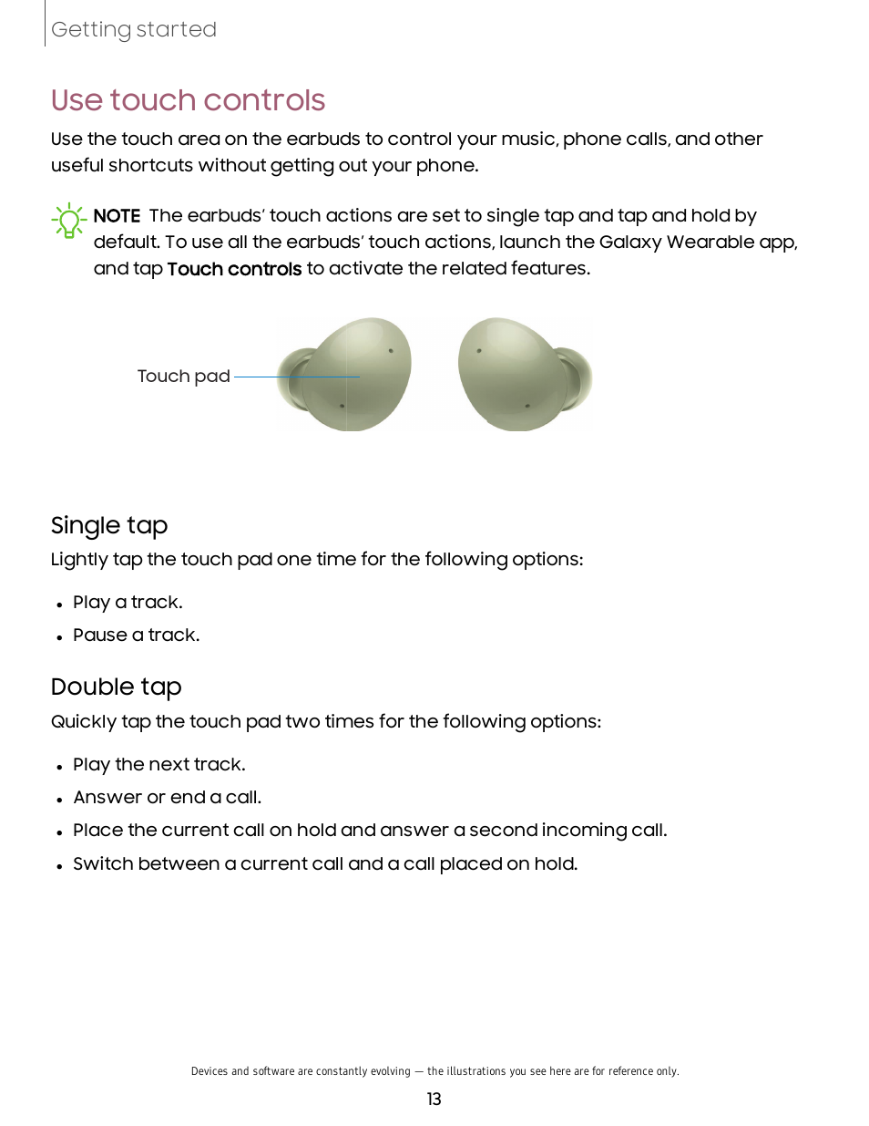 Use touch controls, Single tap, Double tap | Samsung Galaxy Buds2 Noise-Canceling True Wireless In-Ear Headphones (Lavender) User Manual | Page 13 / 27