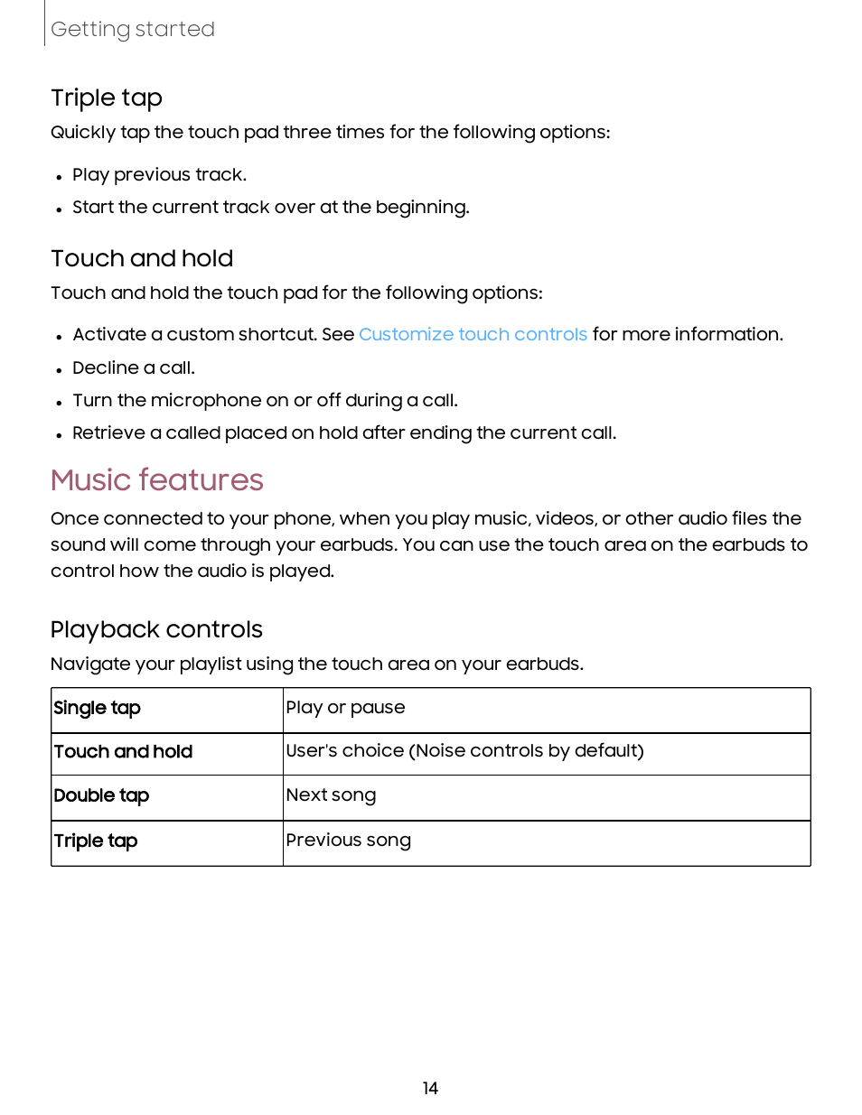 Music features, Triple tap, Touch and hold | Playback controls | Samsung Galaxy Buds2 Noise-Canceling True Wireless In-Ear Headphones (Lavender) User Manual | Page 14 / 27