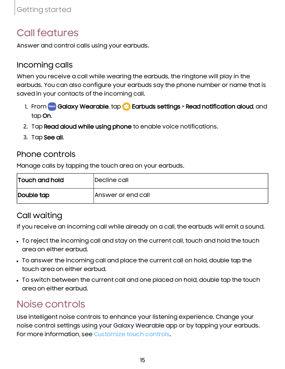 Call features, Noise controls, Incoming calls | Phone controls, Call waiting | Samsung Galaxy Buds2 Noise-Canceling True Wireless In-Ear Headphones (Lavender) User Manual | Page 15 / 27