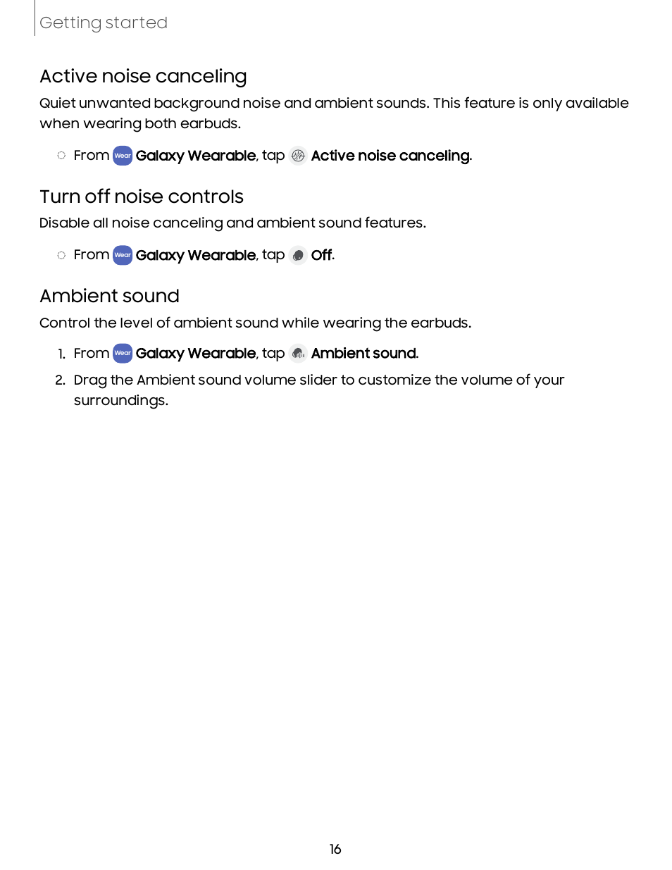 Active noise canceling, Turn off noise controls, Ambient sound | Samsung Galaxy Buds2 Noise-Canceling True Wireless In-Ear Headphones (Lavender) User Manual | Page 16 / 27