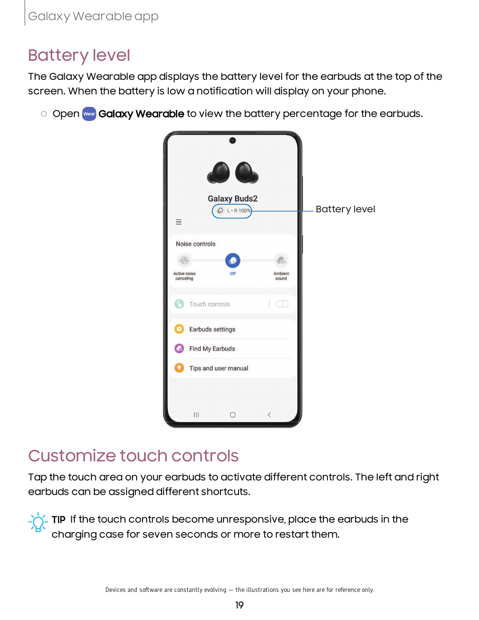 Battery level, Customize touch controls, Battery | Level, Customize, Touch, Controls | Samsung Galaxy Buds2 Noise-Canceling True Wireless In-Ear Headphones (Lavender) User Manual | Page 19 / 27