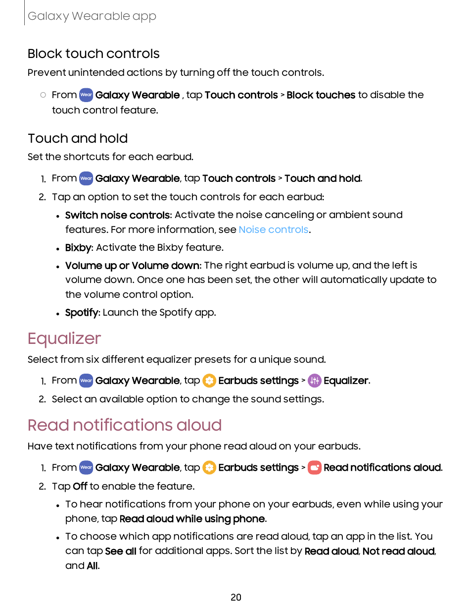 Equalizer, Read notifications aloud, Read | Notifications, Aloud, Block touch controls, Touch and hold | Samsung Galaxy Buds2 Noise-Canceling True Wireless In-Ear Headphones (Lavender) User Manual | Page 20 / 27