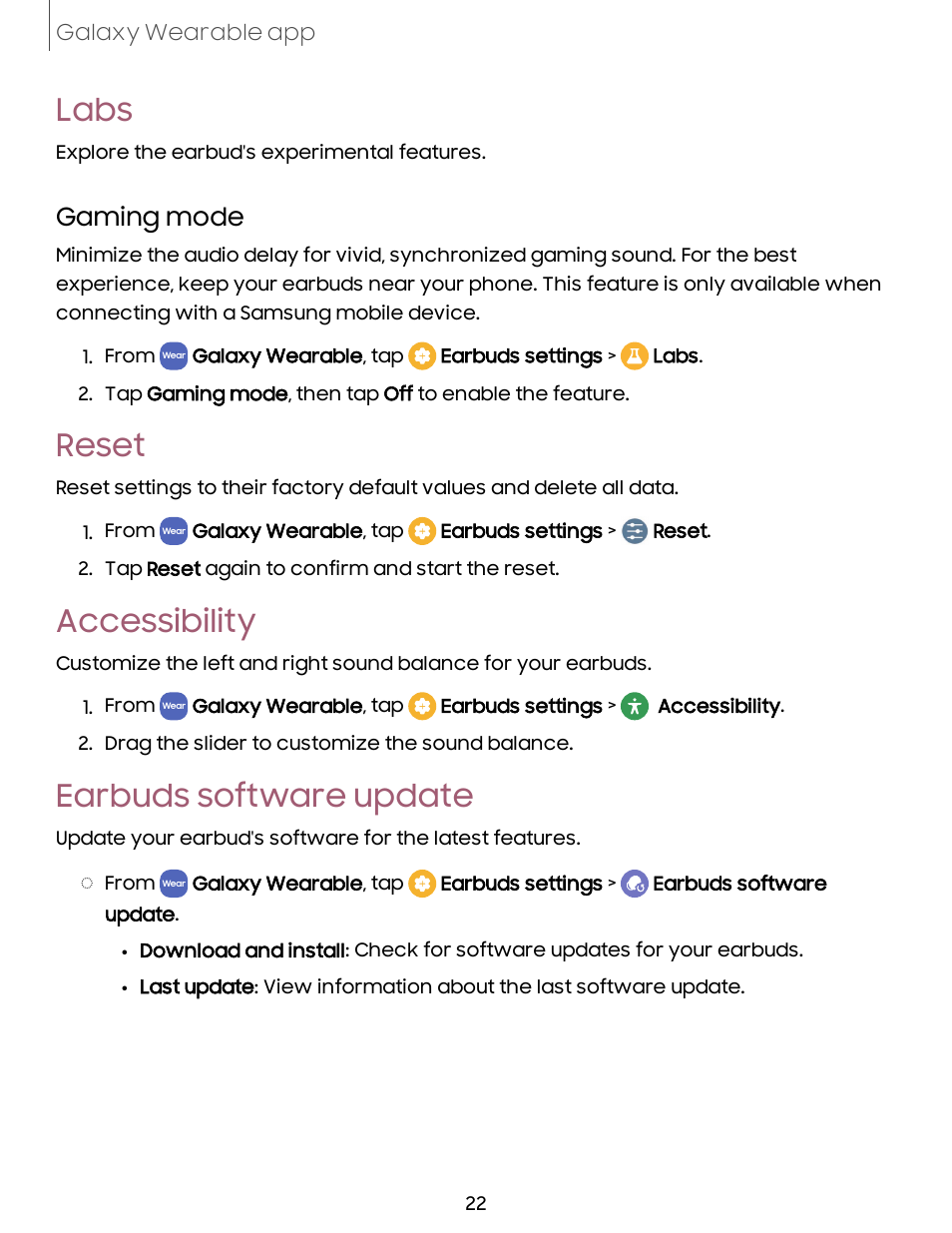 Labs, Reset, Accessibility | Earbuds software update, Earbuds, Software, Update, Gaming mode | Samsung Galaxy Buds2 Noise-Canceling True Wireless In-Ear Headphones (Lavender) User Manual | Page 22 / 27