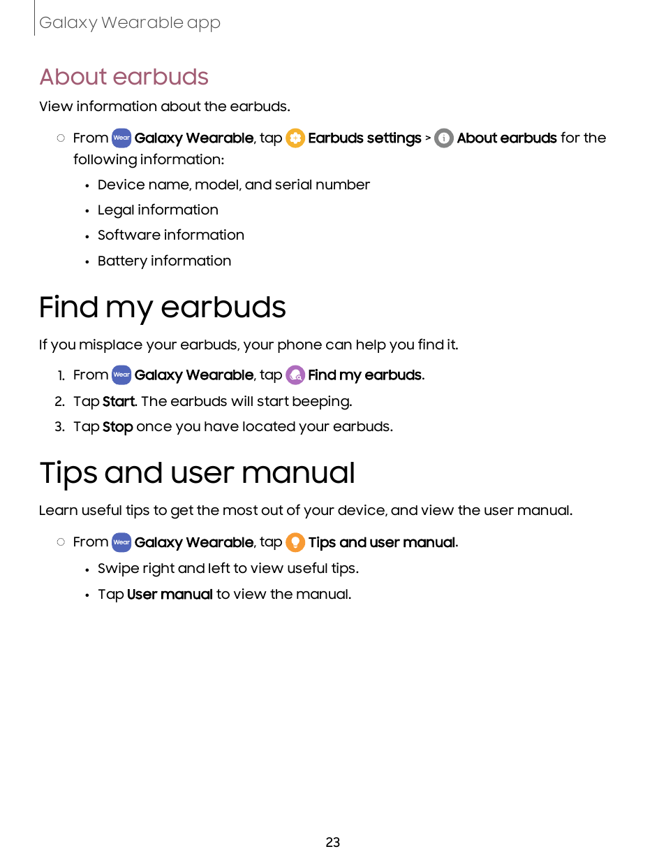 About earbuds, Find my earbuds, Tips and user manual | Find, Earbuds, Tips, User, Manual, About | Samsung Galaxy Buds2 Noise-Canceling True Wireless In-Ear Headphones (Lavender) User Manual | Page 23 / 27