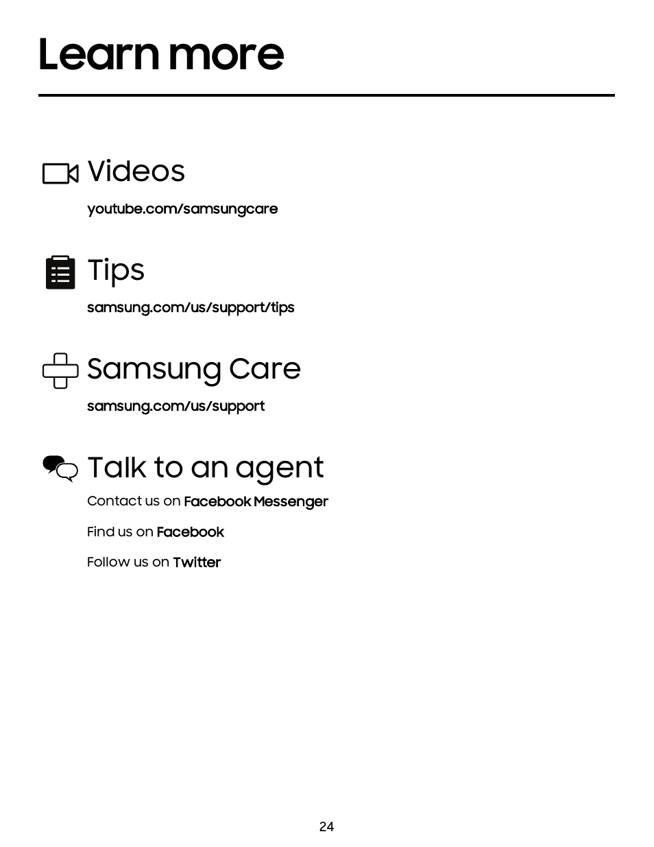 Learn more, Videos, Tips | Samsung care, Talk to an agent, Learn, More, Samsung, Care, Talk | Samsung Galaxy Buds2 Noise-Canceling True Wireless In-Ear Headphones (Lavender) User Manual | Page 24 / 27