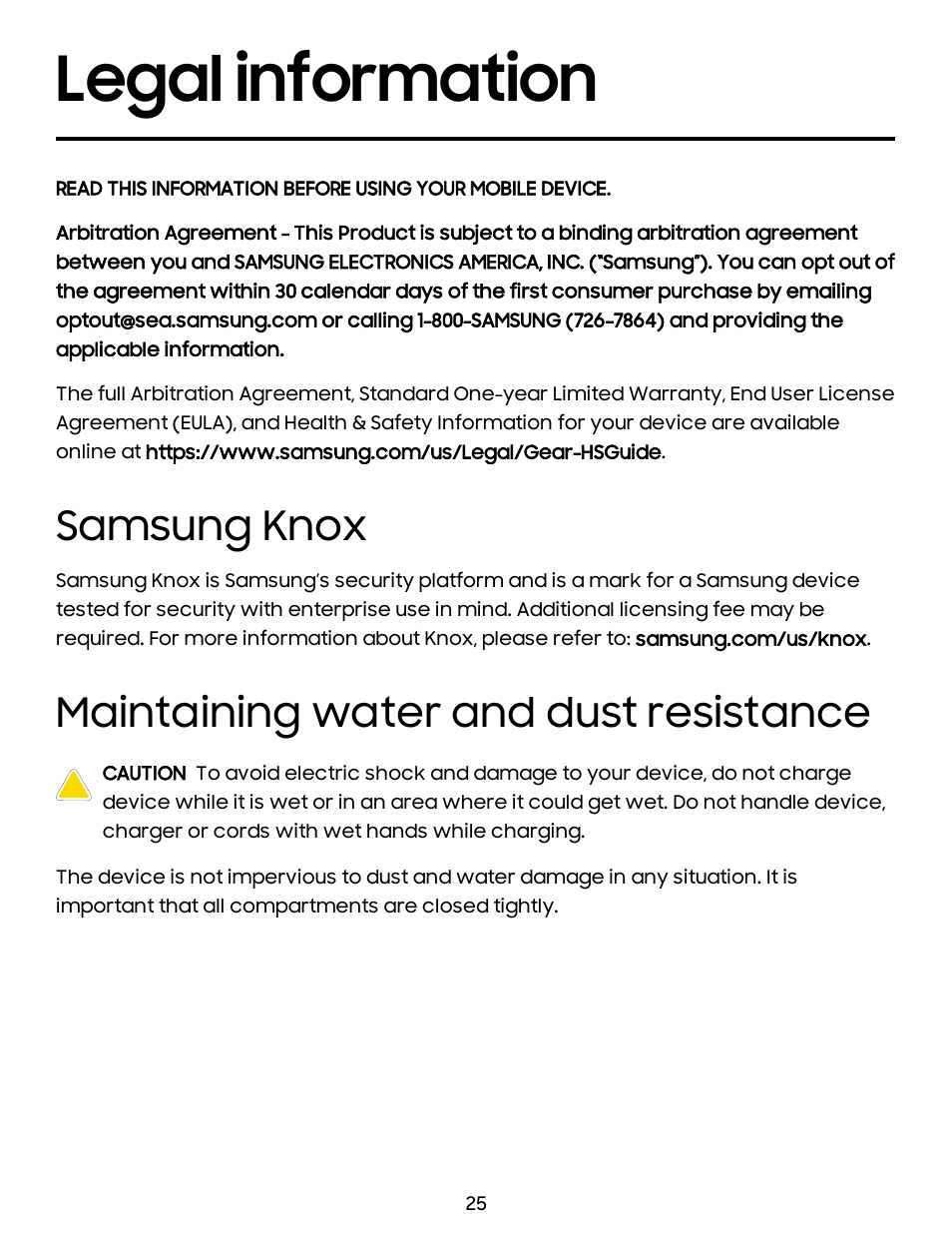 Legal information, Samsung knox, Maintaining water and dust resistance | Legal, Information, Samsung, Knox | Samsung Galaxy Buds2 Noise-Canceling True Wireless In-Ear Headphones (Lavender) User Manual | Page 25 / 27