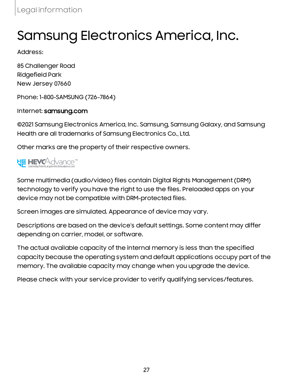 Samsung electronics america, inc | Samsung Galaxy Buds2 Noise-Canceling True Wireless In-Ear Headphones (Lavender) User Manual | Page 27 / 27