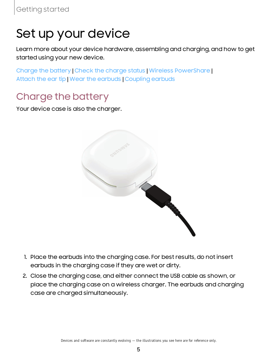 Set up your device, Charge the battery, Your | Device | Samsung Galaxy Buds2 Noise-Canceling True Wireless In-Ear Headphones (Lavender) User Manual | Page 5 / 27