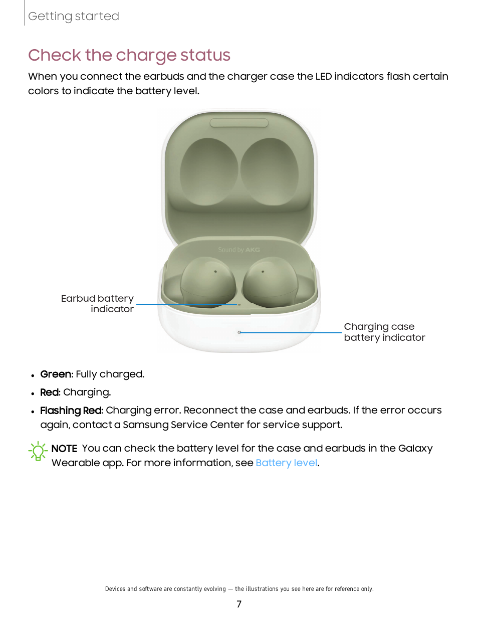 Check the charge status, Check, Charge | Status, Getting started | Samsung Galaxy Buds2 Noise-Canceling True Wireless In-Ear Headphones (Lavender) User Manual | Page 7 / 27