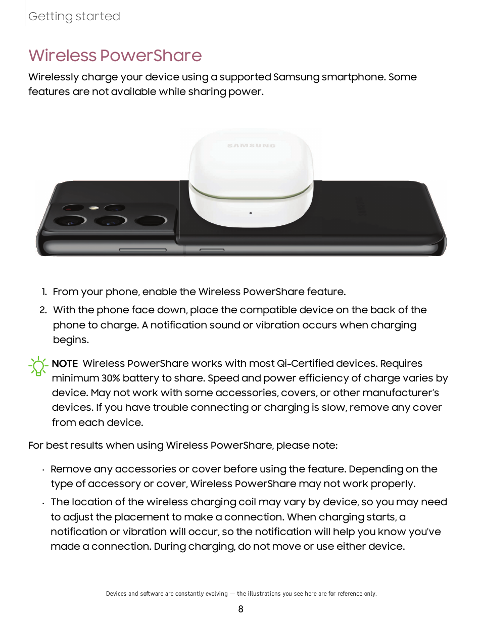 Wireless powershare, Wireless, Powershare | Samsung Galaxy Buds2 Noise-Canceling True Wireless In-Ear Headphones (Lavender) User Manual | Page 8 / 27