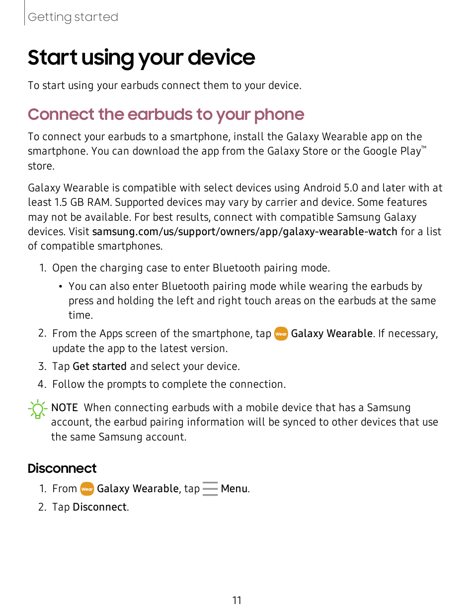 Start using your device, Connect the earbuds to your phone | Samsung Galaxy Buds Live Noise-Canceling True Wireless Earbud Headphones (Mystic Bronze) User Manual | Page 11 / 25