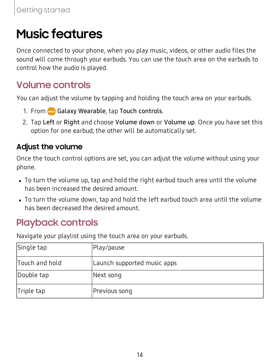 Music features, Volume controls, Playback controls | Samsung Galaxy Buds Live Noise-Canceling True Wireless Earbud Headphones (Mystic Bronze) User Manual | Page 14 / 25