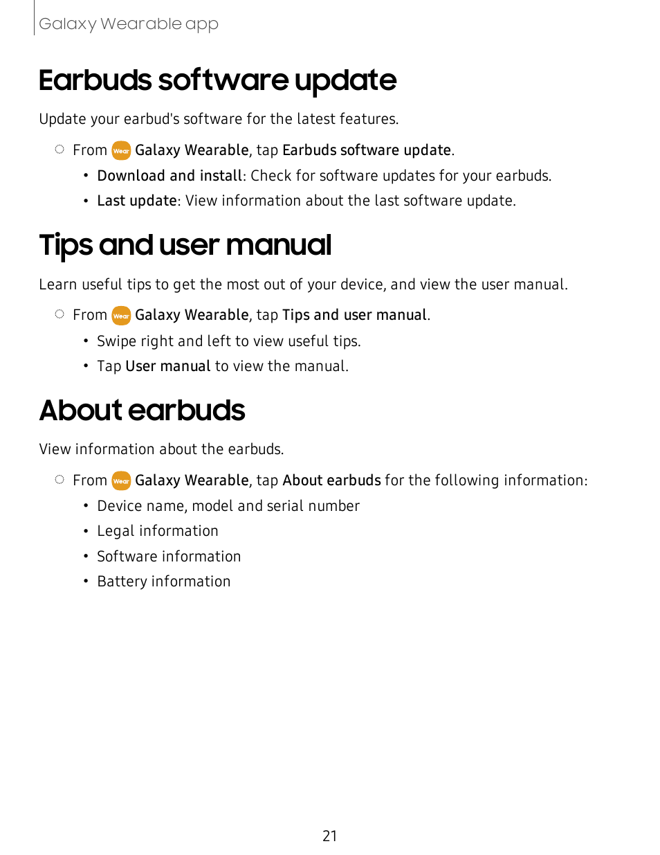 Earbuds software update, Tips and user manual, About earbuds | About, Earbuds | Samsung Galaxy Buds Live Noise-Canceling True Wireless Earbud Headphones (Mystic Bronze) User Manual | Page 21 / 25