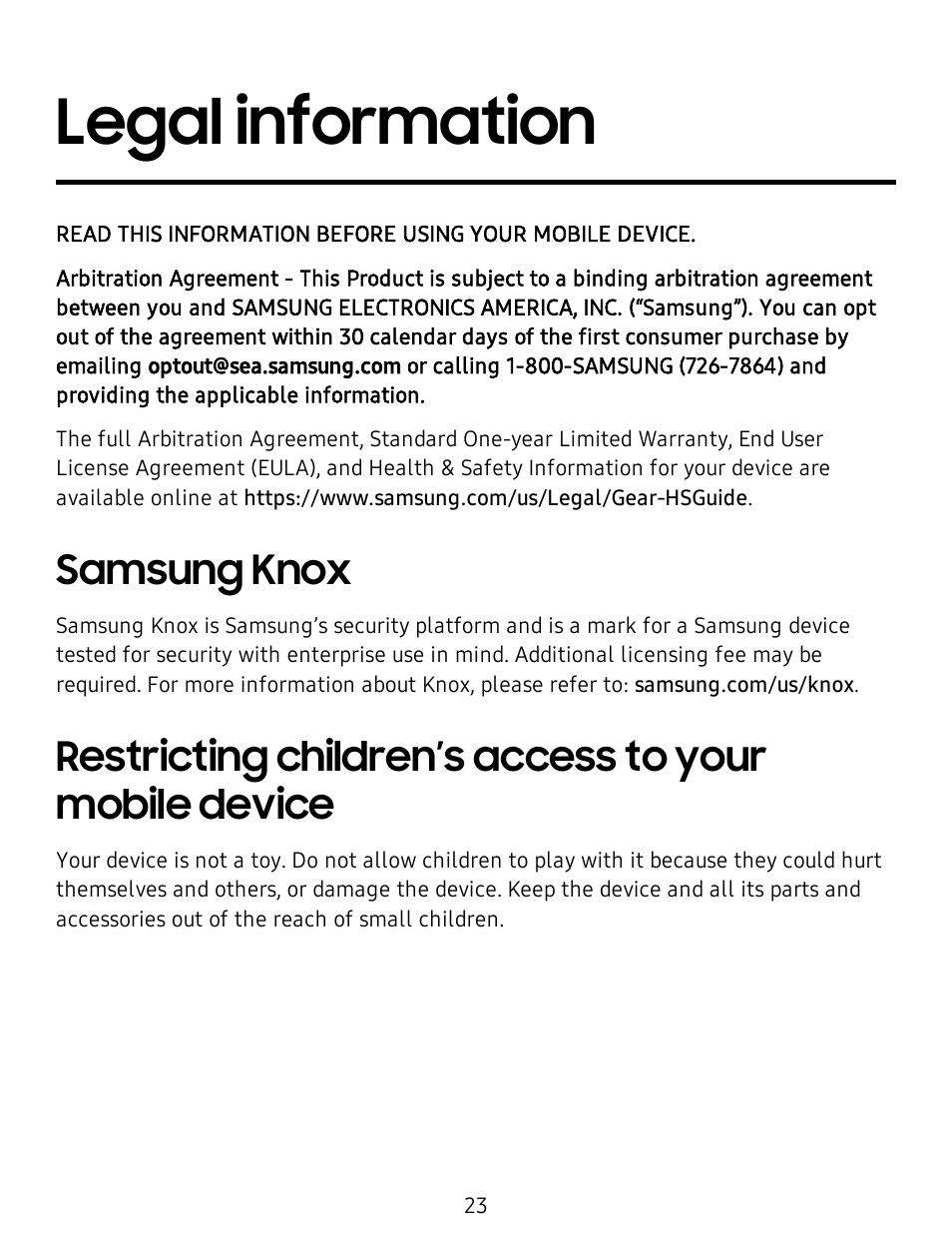 Legal information, Samsung knox | Samsung Galaxy Buds Live Noise-Canceling True Wireless Earbud Headphones (Mystic Bronze) User Manual | Page 23 / 25