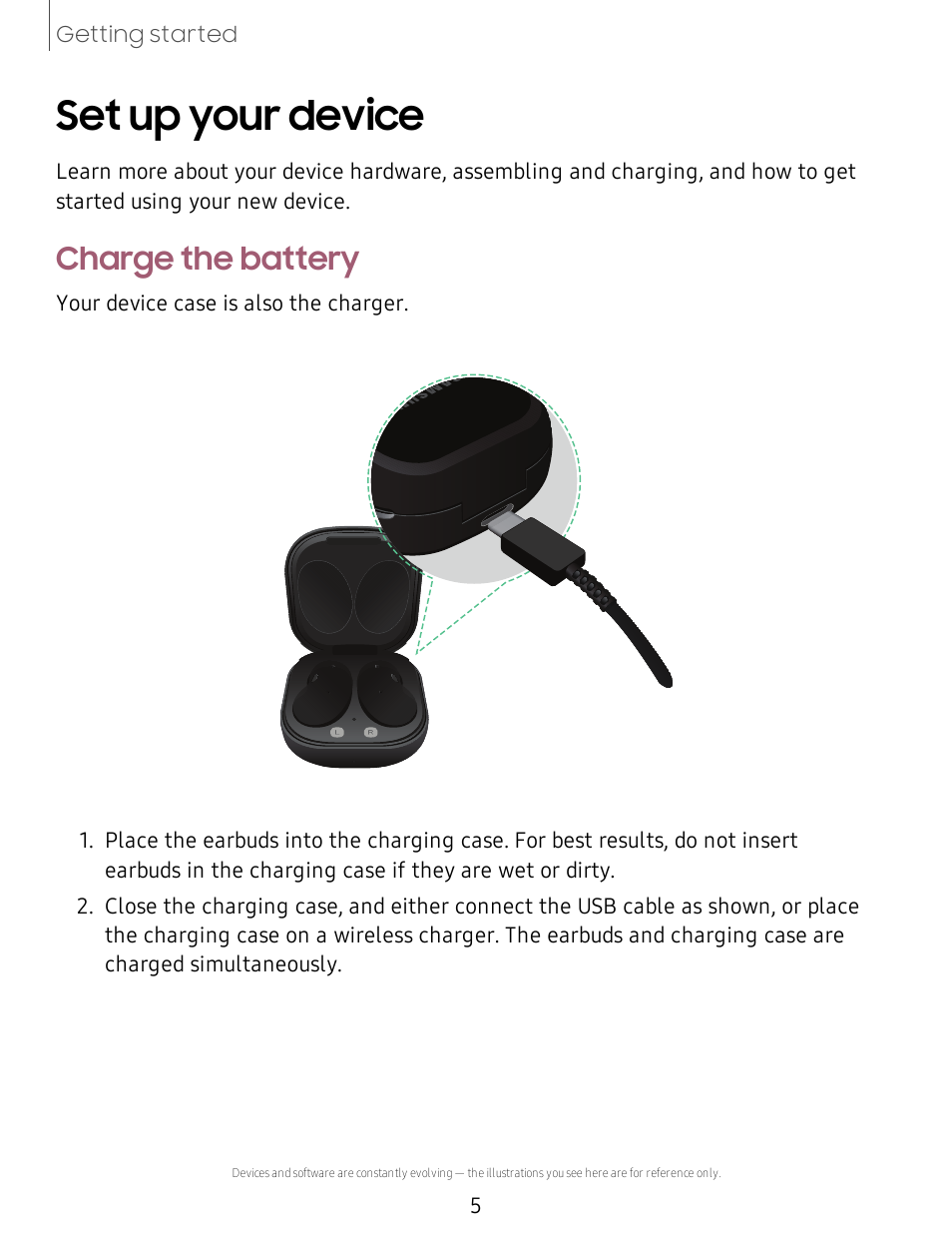 Set up your device, Charge the battery | Samsung Galaxy Buds Live Noise-Canceling True Wireless Earbud Headphones (Mystic Bronze) User Manual | Page 5 / 25