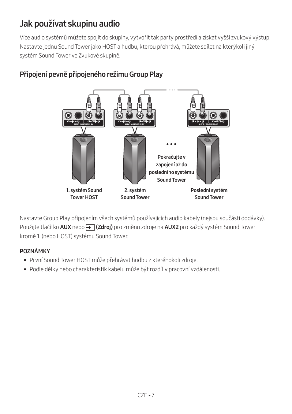 Jak používat skupinu audio, Připojení pevně připojeného režimu group play, Cze - 7 | Samsung MX-T50 Giga Party 500W Wireless Speaker User Manual | Page 101 / 512