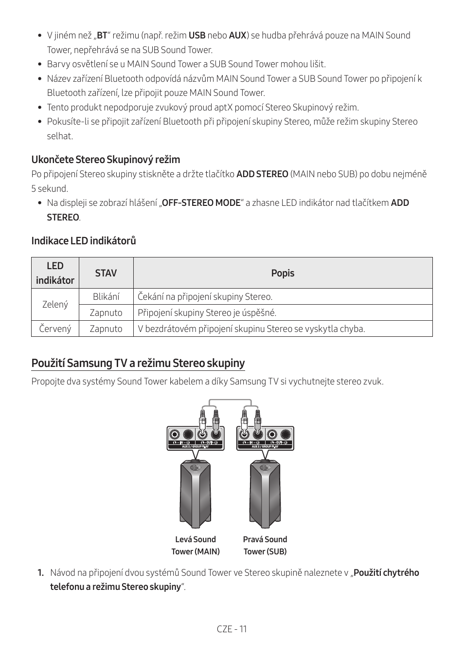 Použití samsung tv a režimu stereo skupiny, Ukončete stereo skupinový režim, Indikace led indikátorů | Led indikátor stav popis | Samsung MX-T50 Giga Party 500W Wireless Speaker User Manual | Page 105 / 512