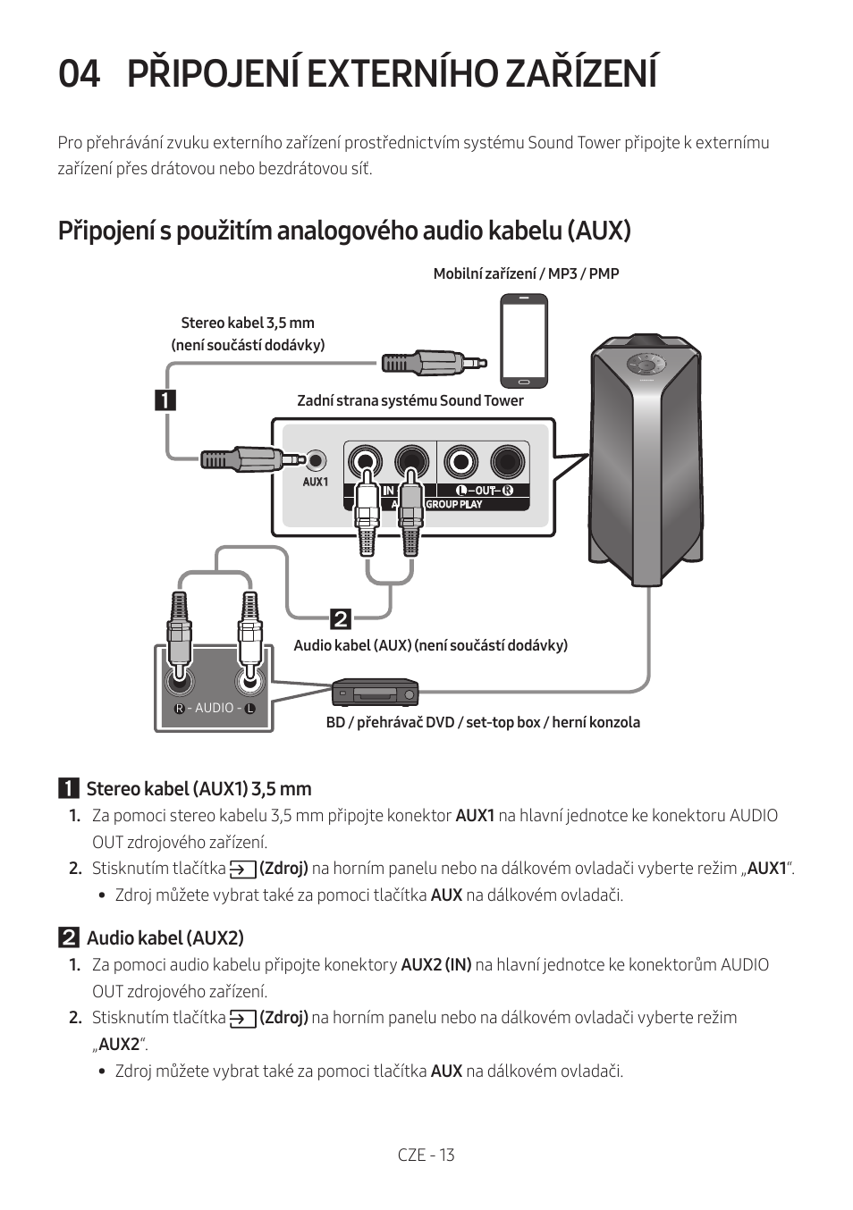 04 připojení externího zařízení, Připojení externího zařízení | Samsung MX-T50 Giga Party 500W Wireless Speaker User Manual | Page 107 / 512