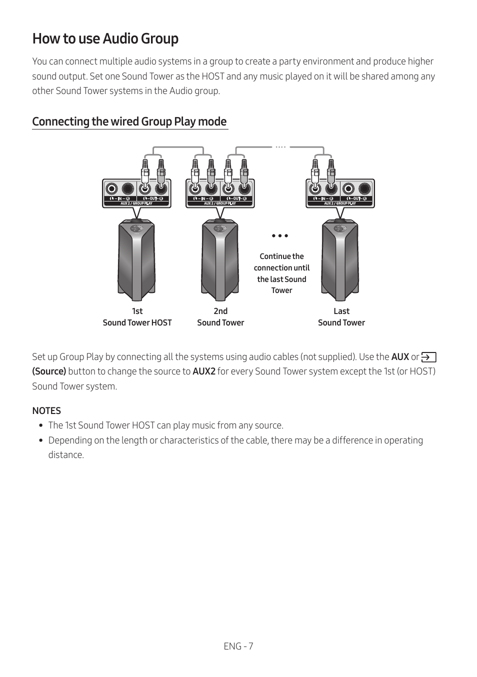 How to use audio group, Connecting the wired group play mode, Eng - 7 | Samsung MX-T50 Giga Party 500W Wireless Speaker User Manual | Page 11 / 512