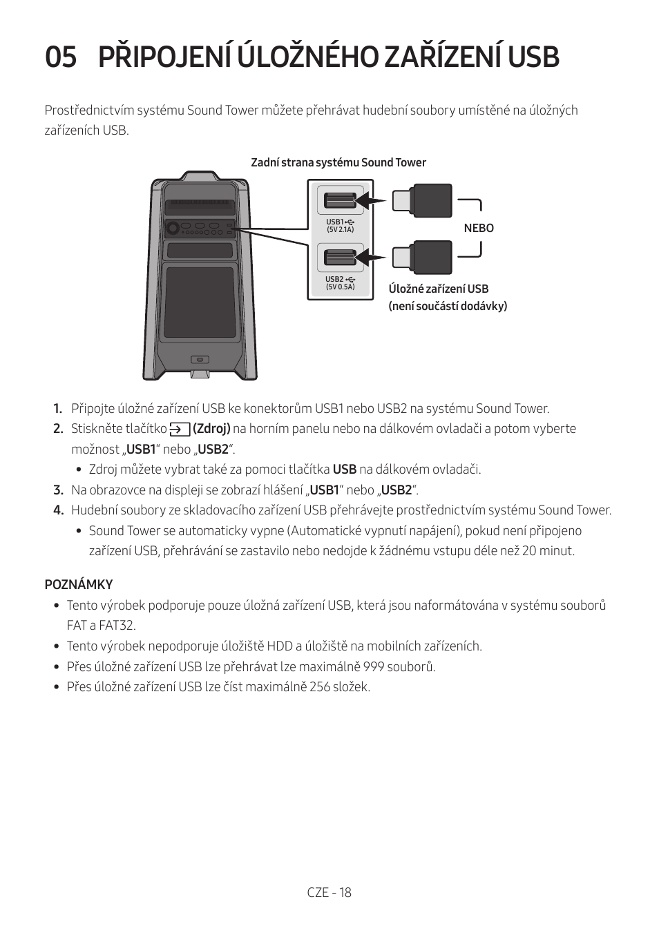 05 připojení úložného zařízení usb, Připojení úložného zařízení usb | Samsung MX-T50 Giga Party 500W Wireless Speaker User Manual | Page 112 / 512