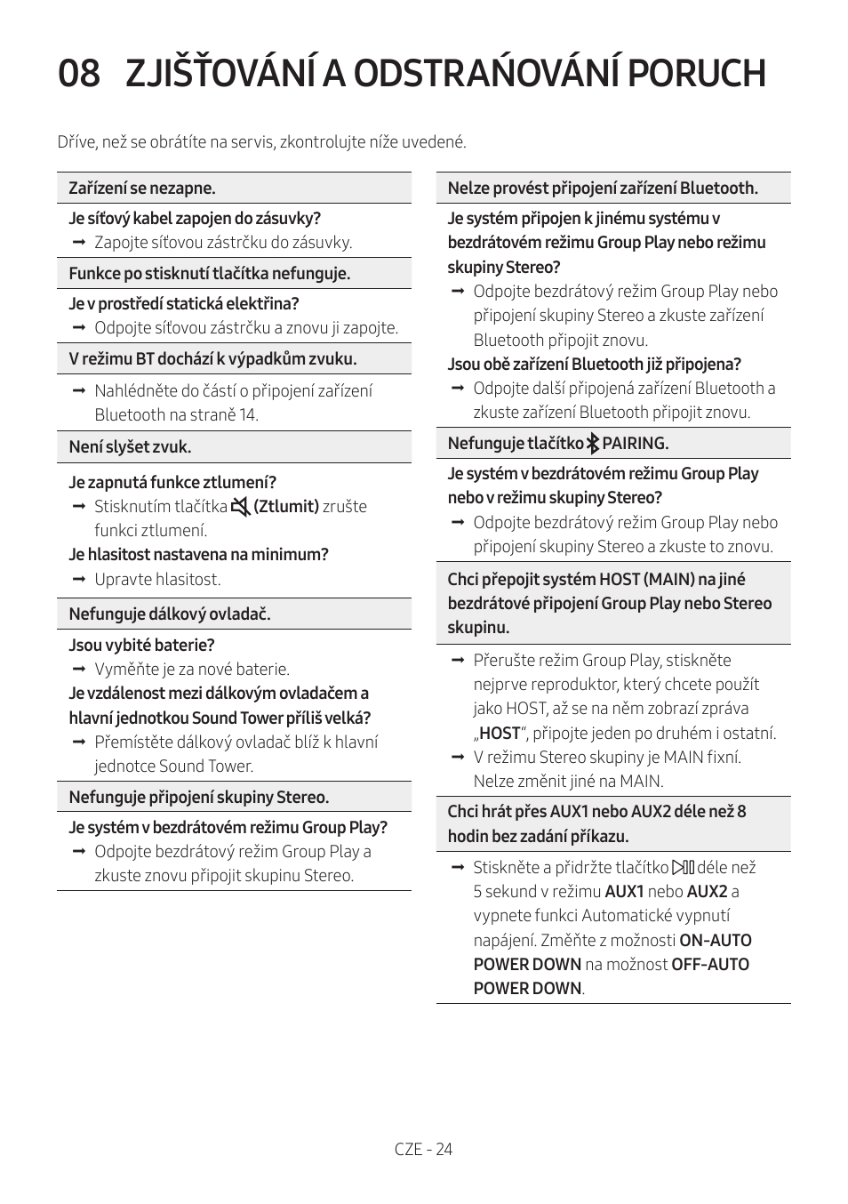 08 zjišťování a odstrańování poruch, Zjišťování a odstrańování poruch | Samsung MX-T50 Giga Party 500W Wireless Speaker User Manual | Page 118 / 512